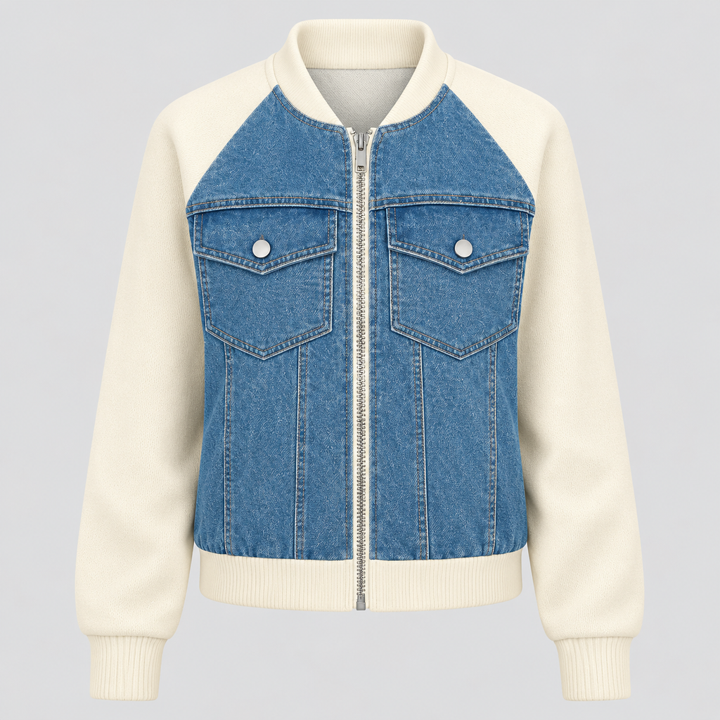 Cropped Bomberjakke til Damer - Denim med Ribkant