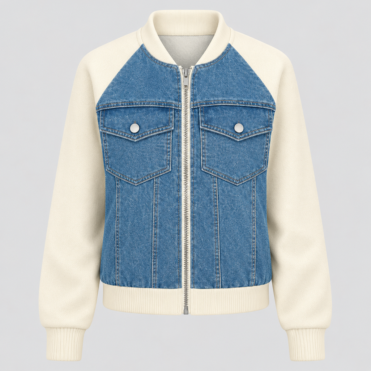 Cropped Bomberjakke til Damer - Denim med Ribkant