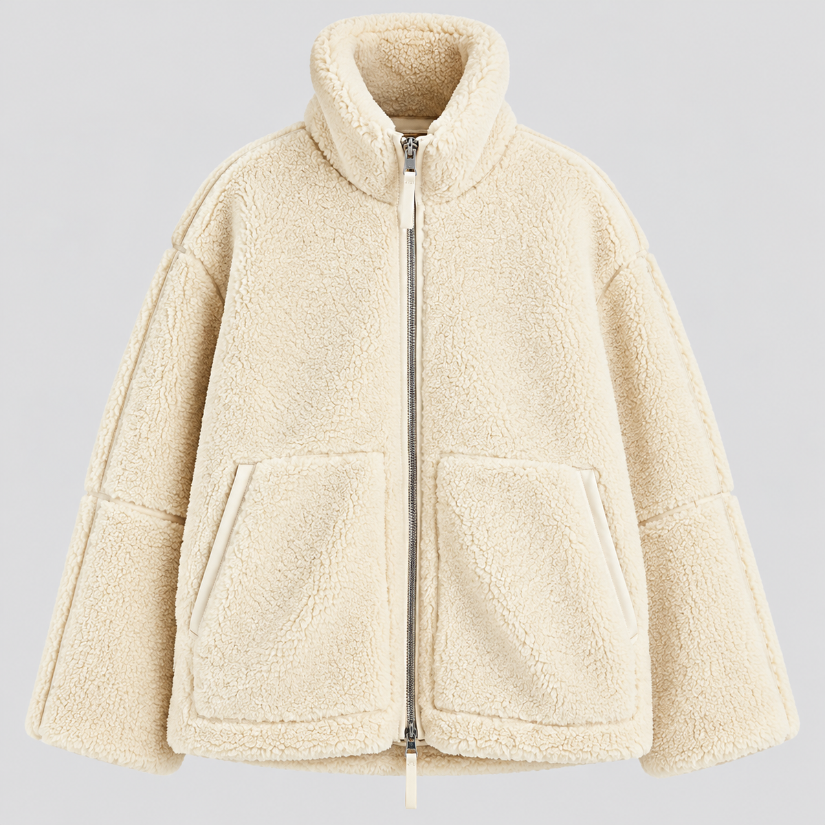 Oversized Teddyfrakke til Damer - Revers, Påsyede Lommer