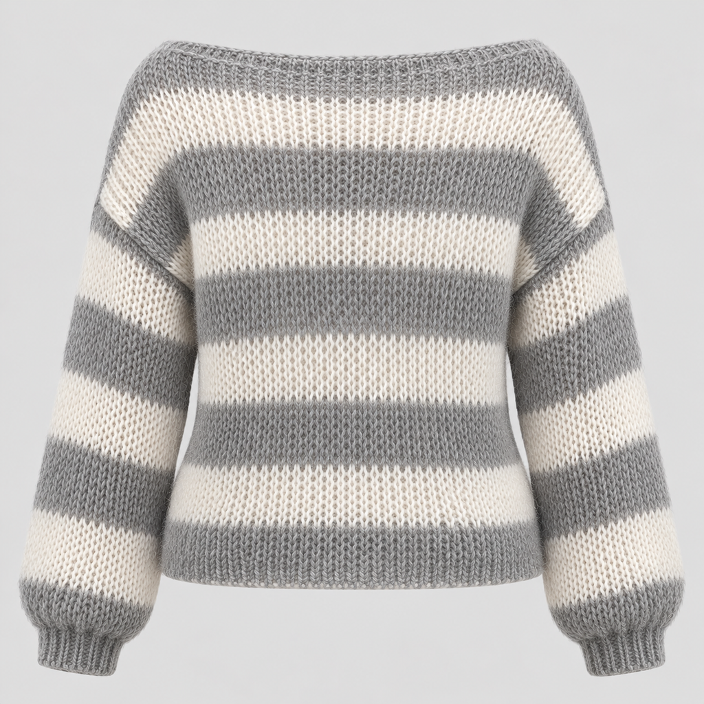 Stribet Sweater med Bådhals til Damer - Strik med Faldende Skuldre