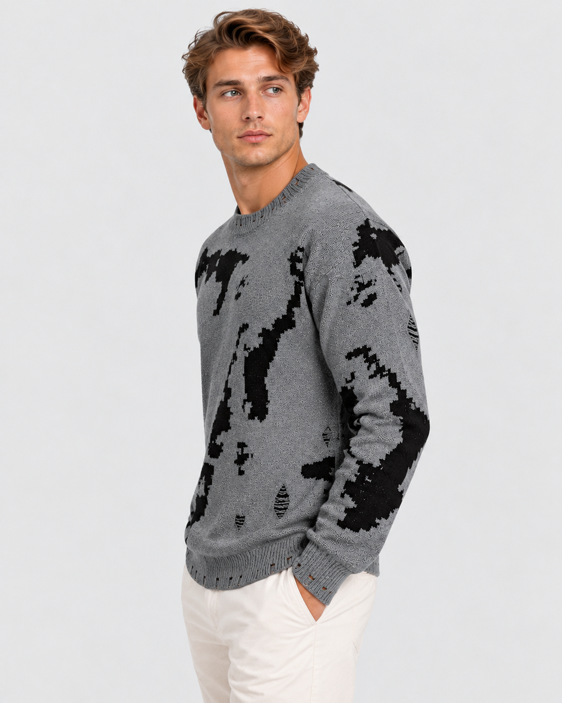 Strikket Sweater til Herrer - Abstrakt Stribeprint, Rund Hals