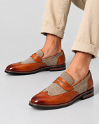 Penny Loafers til Herrer - Wingtip Brogue, Herringbone Panel, Kunstlæder