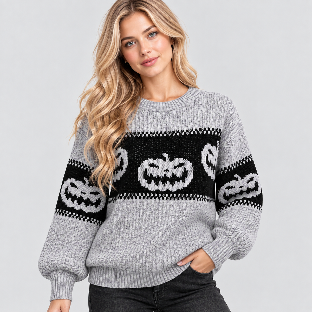 Græskarsweater til Damer - Strik med Uhyggeligt Ansigt til Halloween
