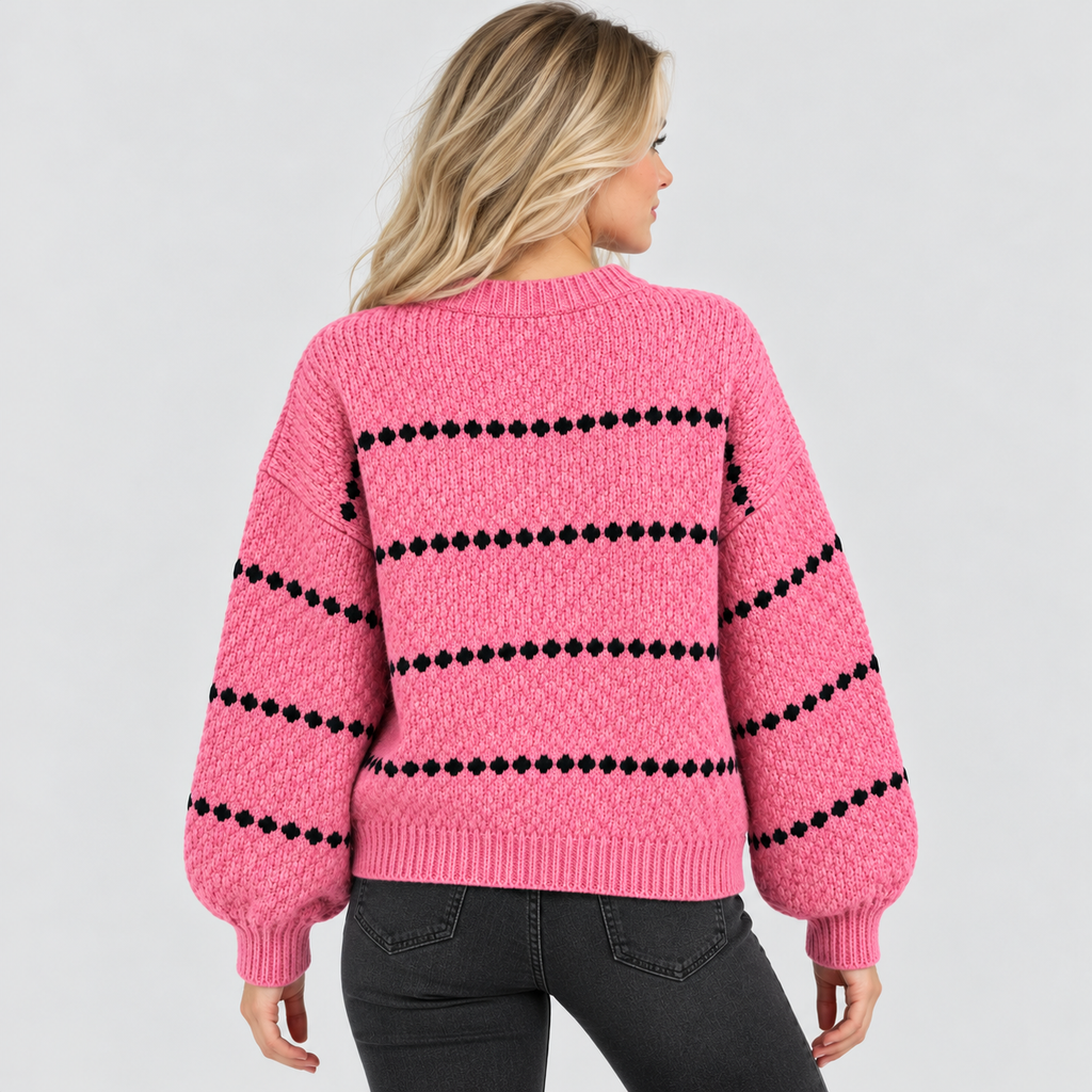 Oversized Popcorn-Strikket Sweater til Damer - Rund Hals, Ribkant