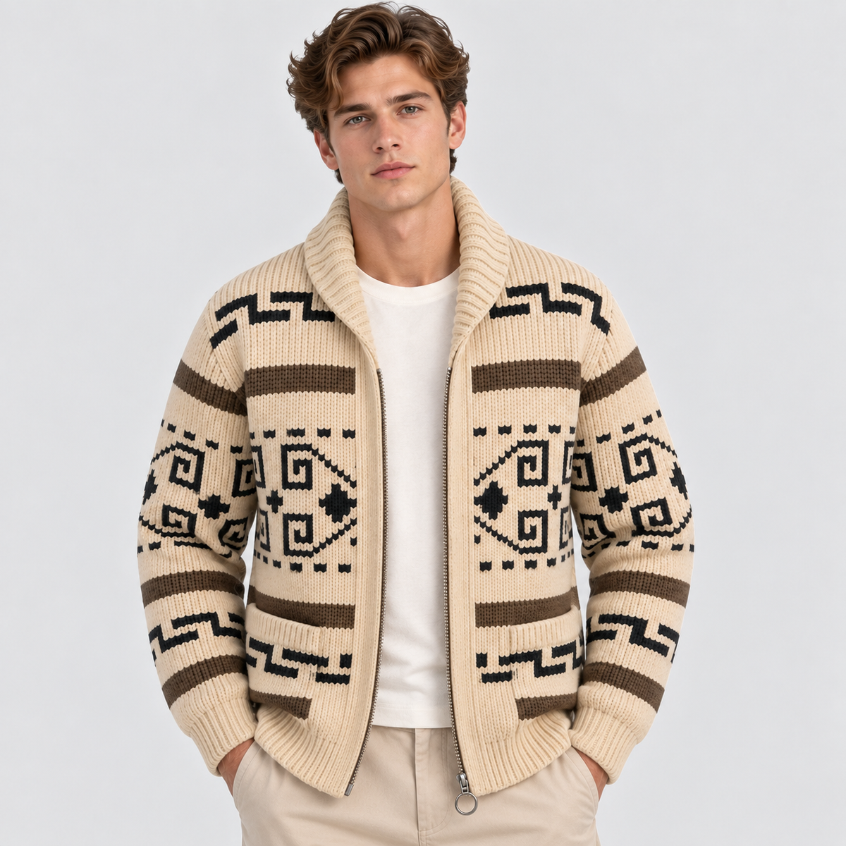 Aztec-mønstret Cardigan - Åben Front Strikket Sweater