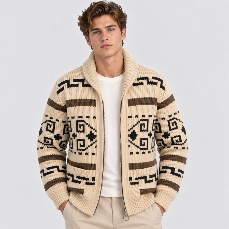 Aztec-mønstret Cardigan - Åben Front Strikket Sweater