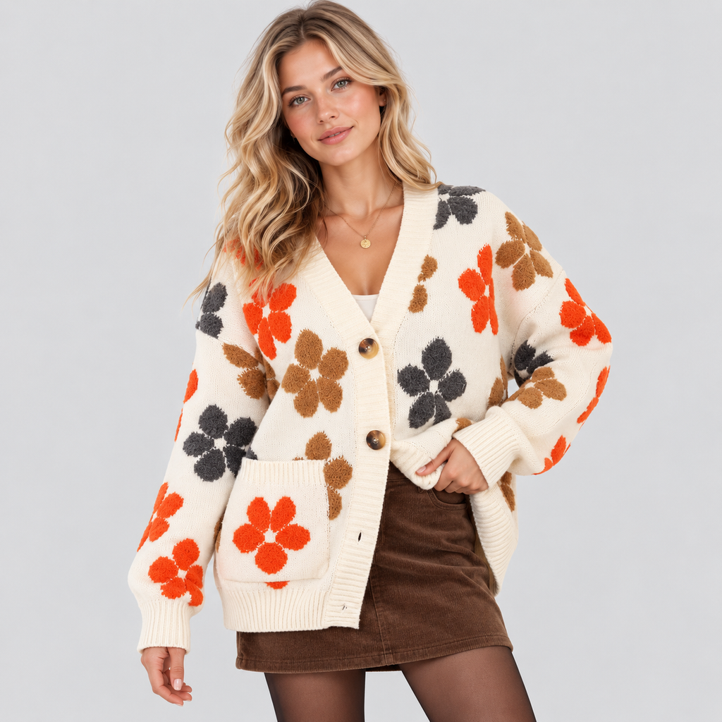 Blomstret Cardigan til Damer - Oversized Strik, Knaplukning Foran