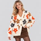 Blomstret Cardigan til Damer - Oversized Strik, Knaplukning Foran