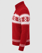 Rød Jacquardstrik Sweater til Herrer - Nordisk Snefnugsbånd, Sjalskrave