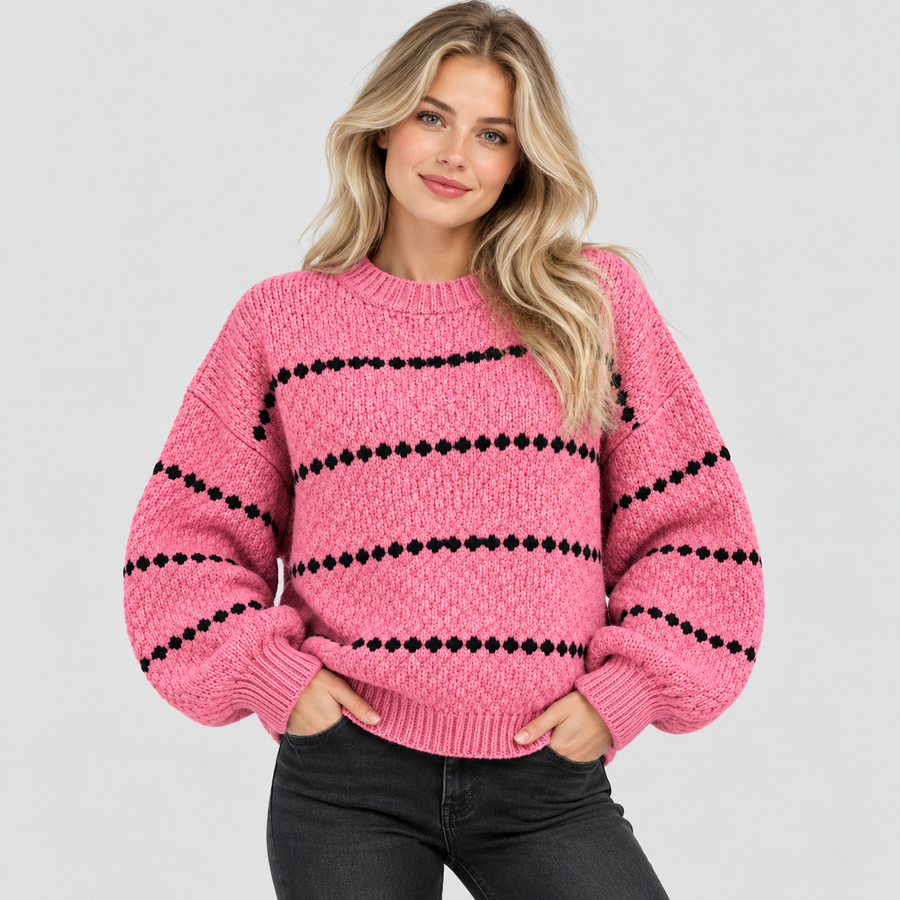Oversized Popcorn-Strikket Sweater til Damer - Rund Hals, Ribkant
