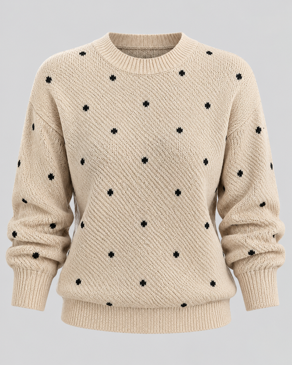 Strikket Sweater med Prikker til Damer - Rund Hals, Ribbede Manchetter