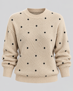 Strikket Sweater med Prikker til Damer - Rund Hals, Ribbede Manchetter