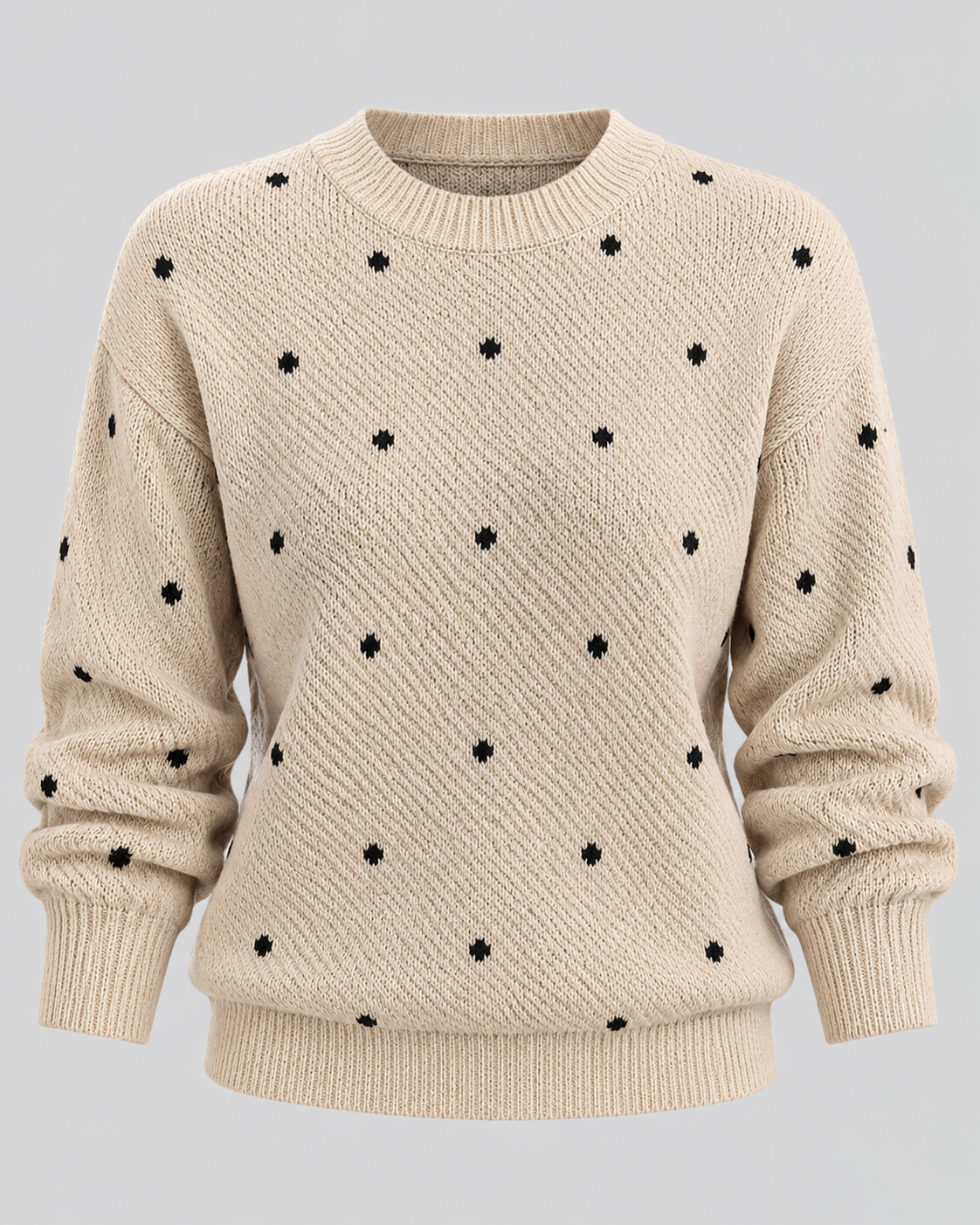 Strikket Sweater med Prikker til Damer - Rund Hals, Ribbede Manchetter