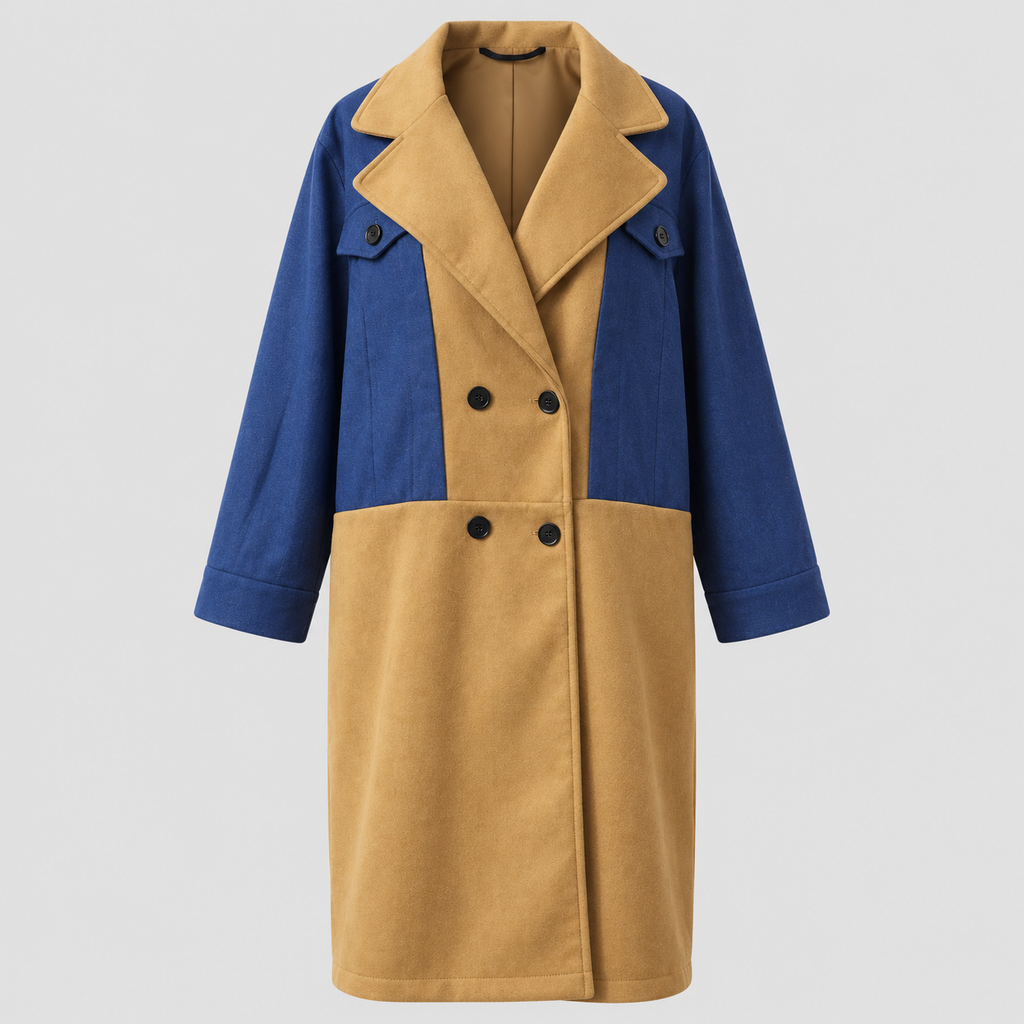 Lang Colorblock Frakke til Damer - Dobbeltradet, Denimlook Paneler
