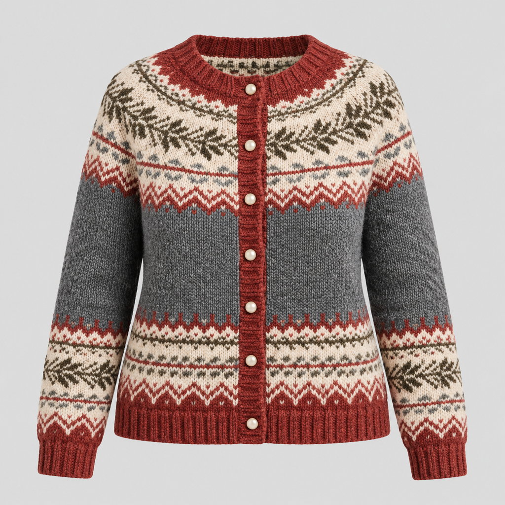 Fair Isle Cardigan til Damer - Knaplukning, Mønstret Bærestykke