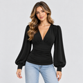 Dame Dyb V-Hals Bluse – Langærmet Wrap Front Top