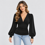 Dame Dyb V-Hals Bluse – Langærmet Wrap Front Top