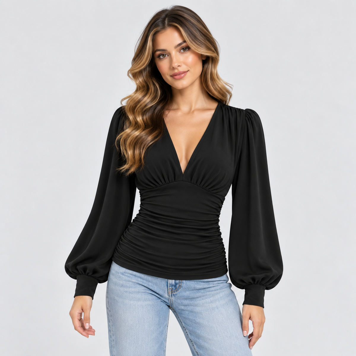 Dame Dyb V-Hals Bluse – Langærmet Wrap Front Top