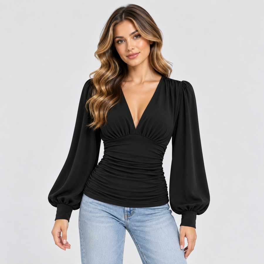 Dame Dyb V-Hals Bluse – Langærmet Wrap Front Top