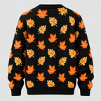 Efterårsbladprintet Sweater - Rund Hals, Afslappet Strik