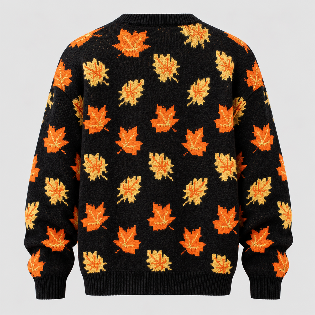 Efterårsbladprintet Sweater - Rund Hals, Afslappet Strik