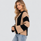 Stribet Sweater til Damer - Tan og Sort Blokstribet Strik