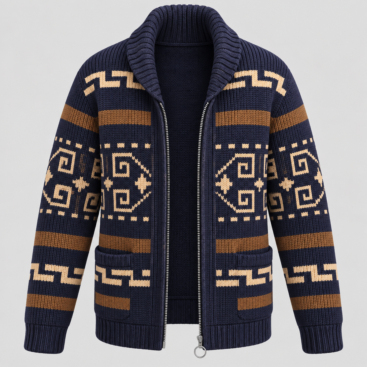 Aztec-mønstret Cardigan - Åben Front Strikket Sweater