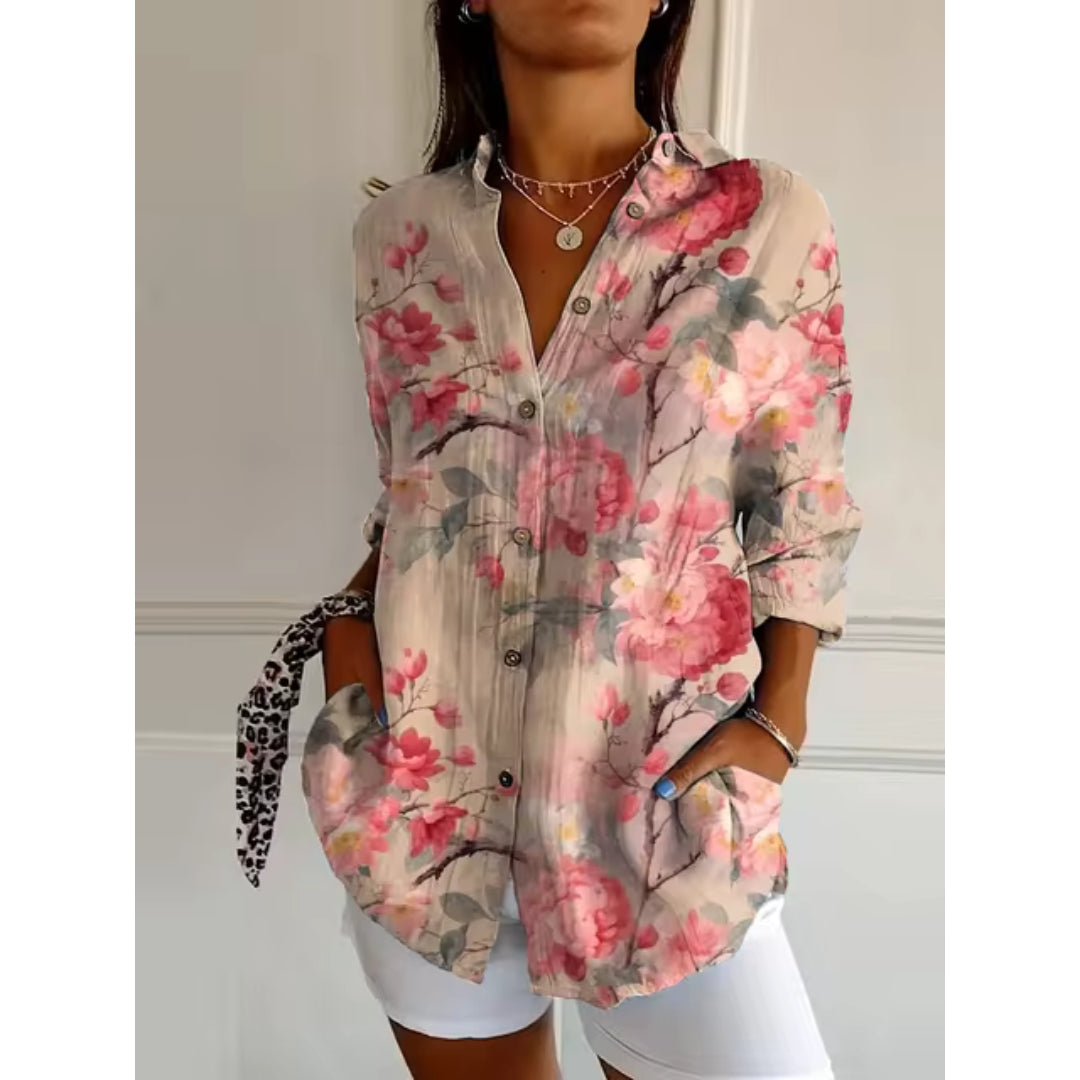 Boheme bluse med blomster mønster V hals