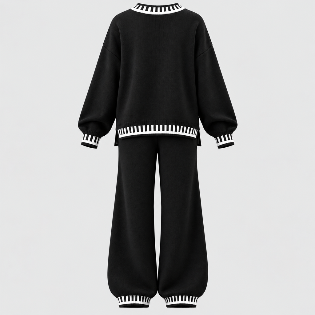 Matchende Strikket Sæt til Damer - Sweater med Rund Hals, Brede Bukser
