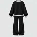 Matchende Strikket Sæt til Damer - Sweater med Rund Hals, Brede Bukser