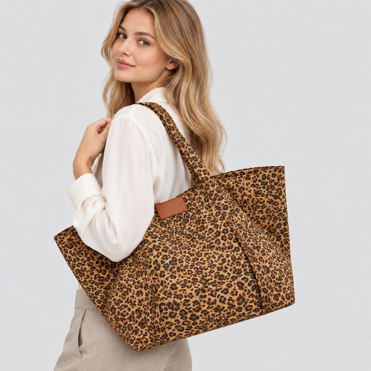 Oversized Leopardprintet Canvastaske - Rummelig Skuldertaske