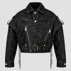 Cropped Biker-Jakke - Asymmetrisk Lynlås, Used-Look