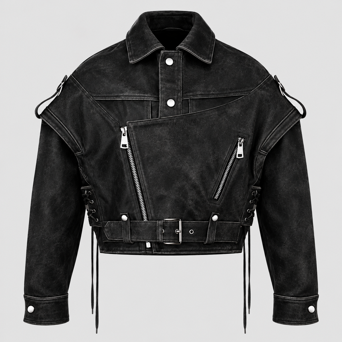 Cropped Biker-Jakke - Asymmetrisk Lynlås, Used-Look