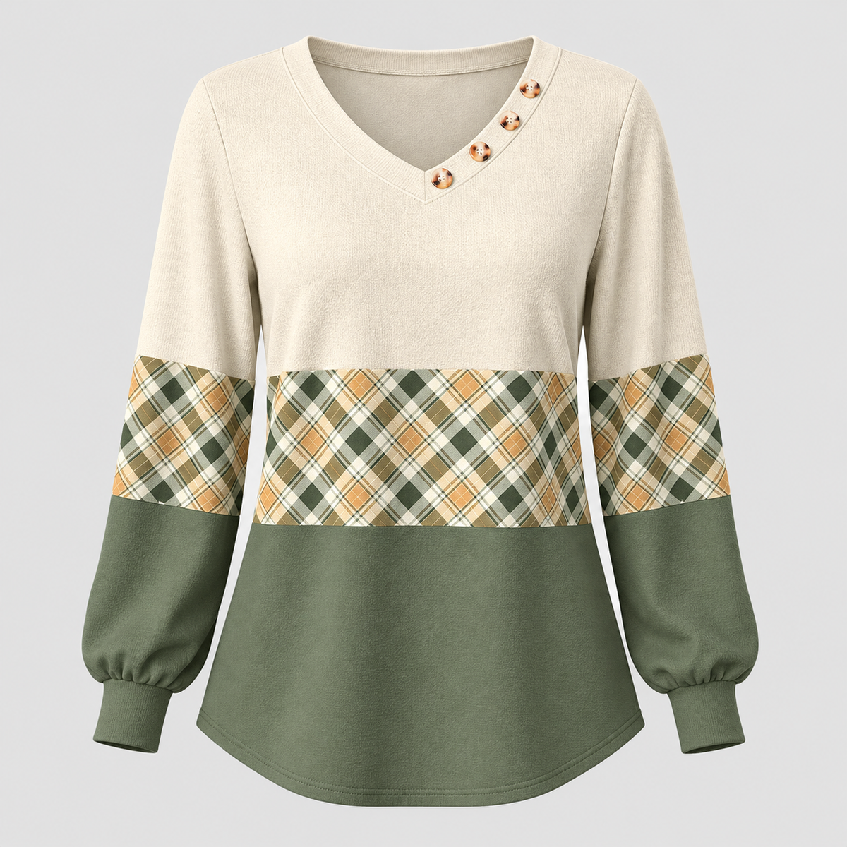Strikket Sweater til Damer - Ternet Panel, Lange Ærmer