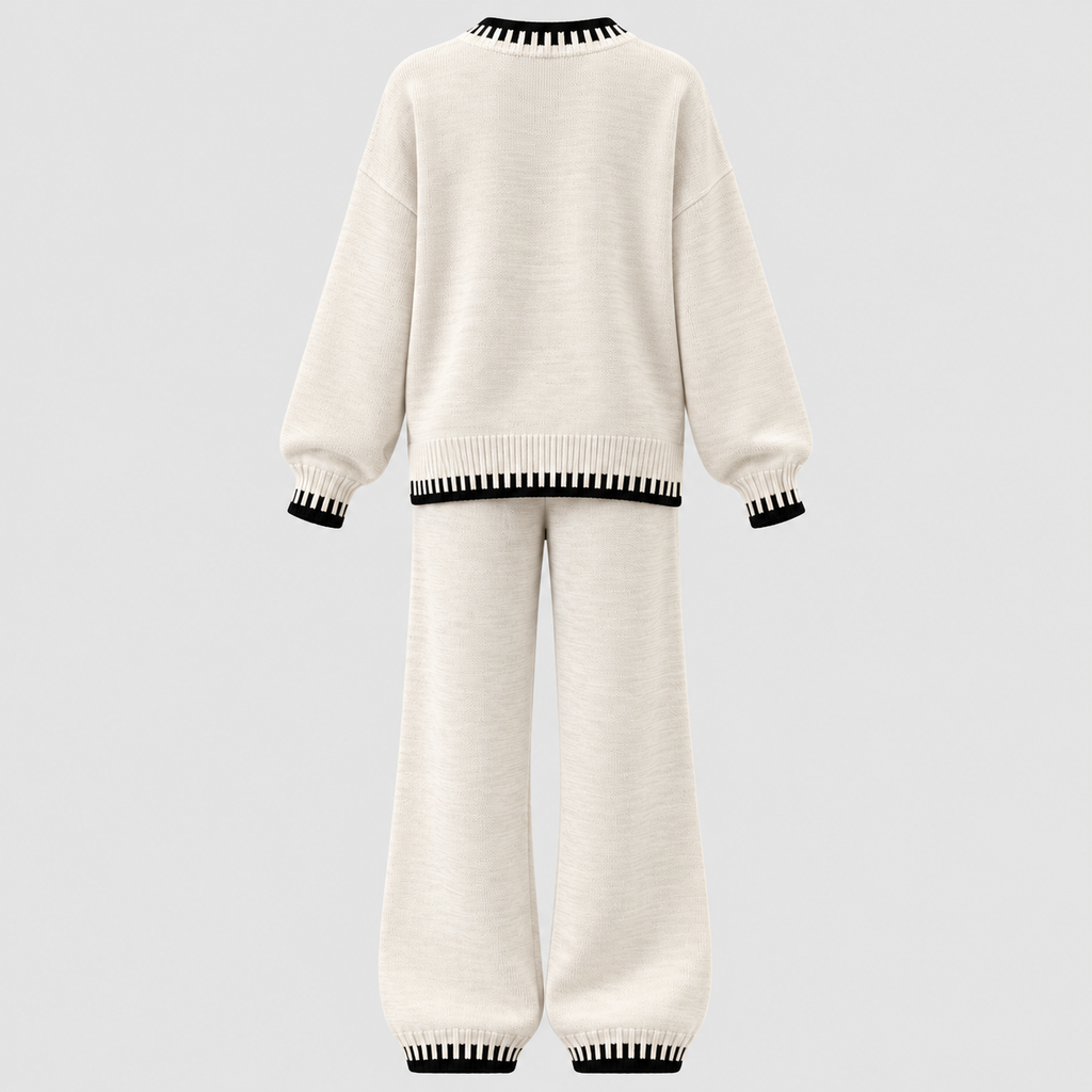 Matchende Strikket Sæt til Damer - Sweater med Rund Hals, Brede Bukser