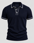 Strikket Poloshirt til Herrer - Kontrastkant, Kort Knaplukning