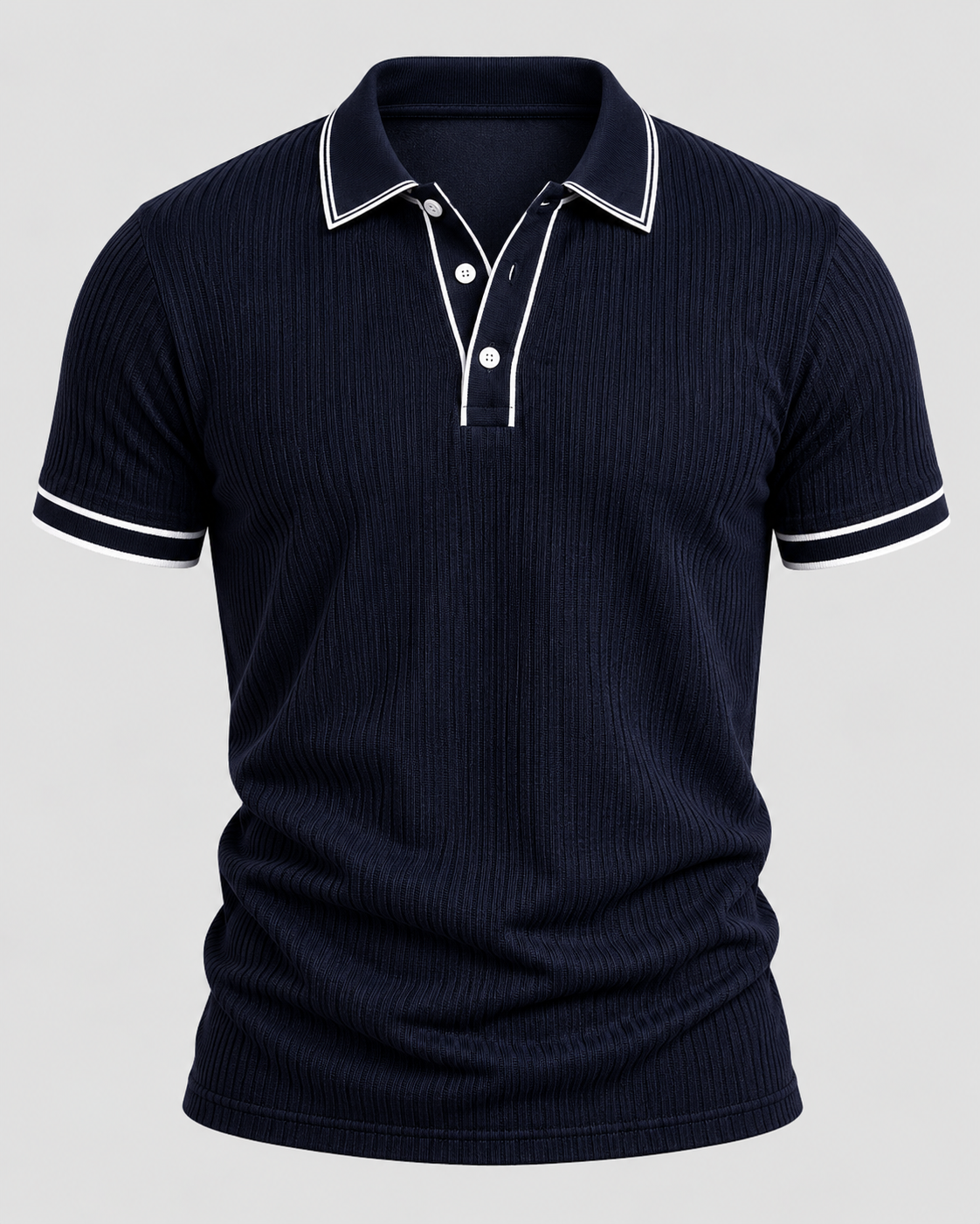 Strikket Poloshirt til Herrer - Kontrastkant, Kort Knaplukning