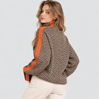 Strikket Sweater til Damer - Kontraststribe med Høj Krave
