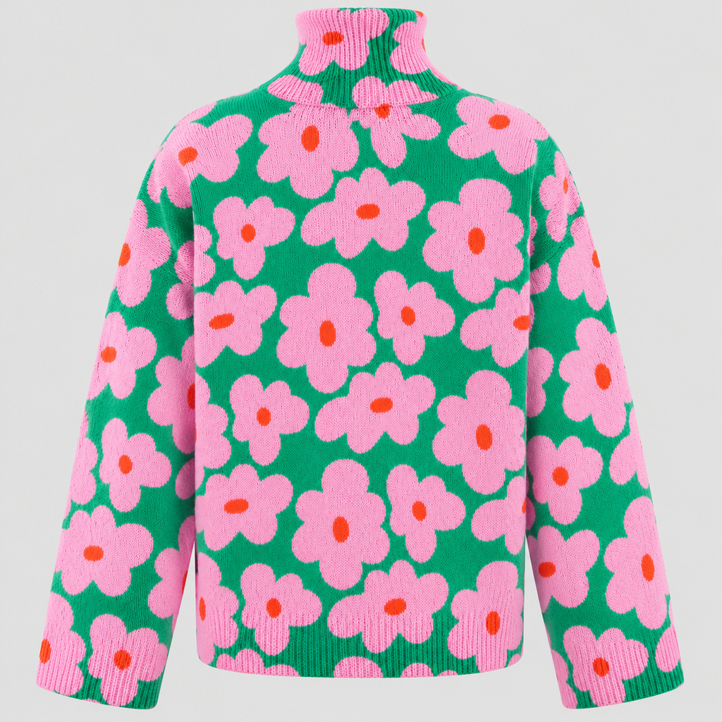 Blomsterprintet Rullekravesweater - Strikket i Pink og Grøn