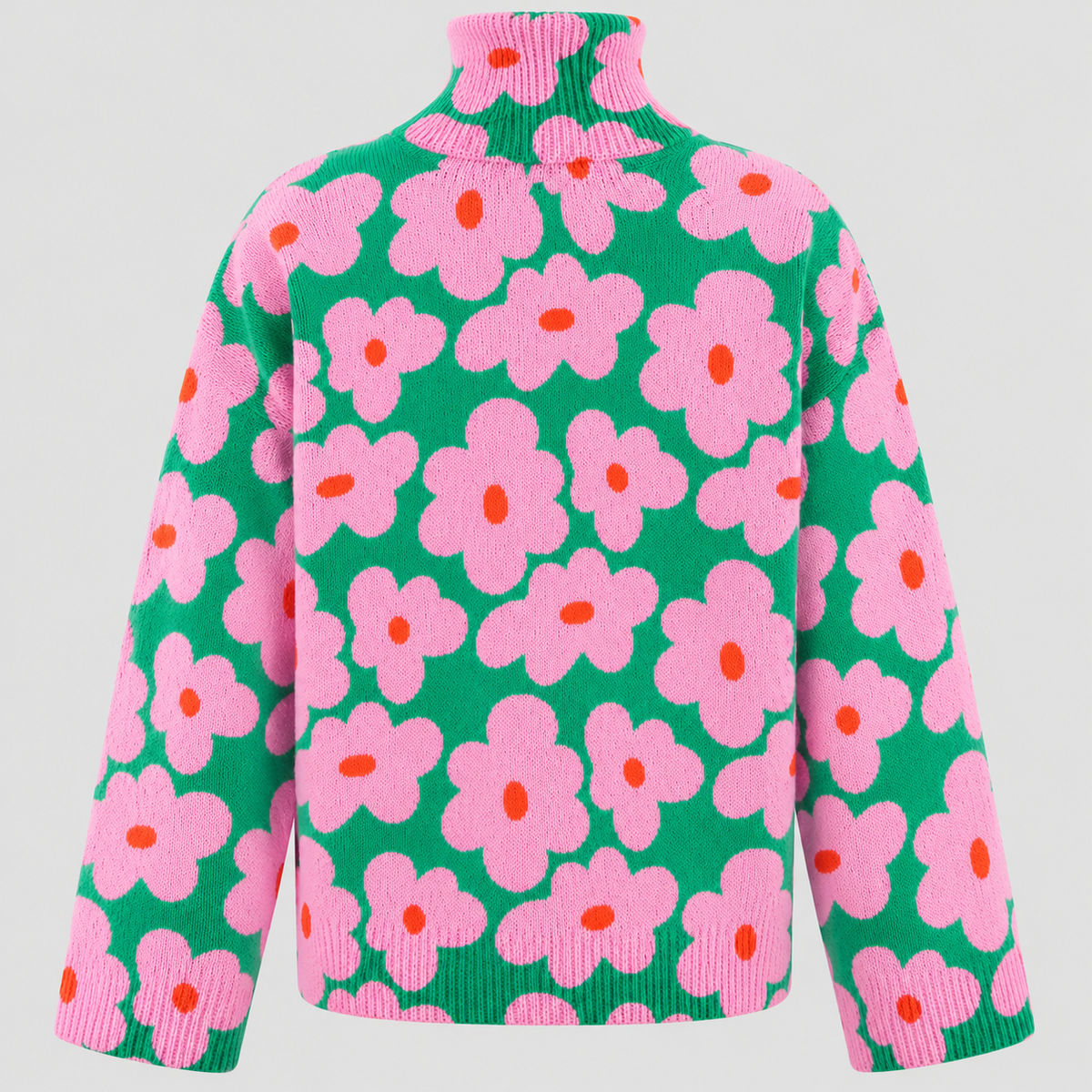 Blomsterprintet Rullekravesweater - Strikket i Pink og Grøn
