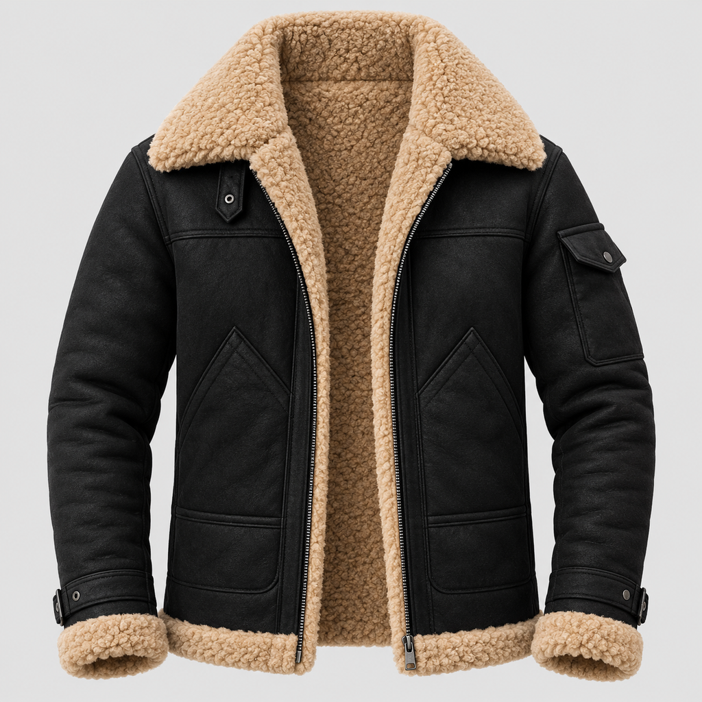 Læderlook Pilotjakke til Herrer - Bred Krave i Shearling-Stil