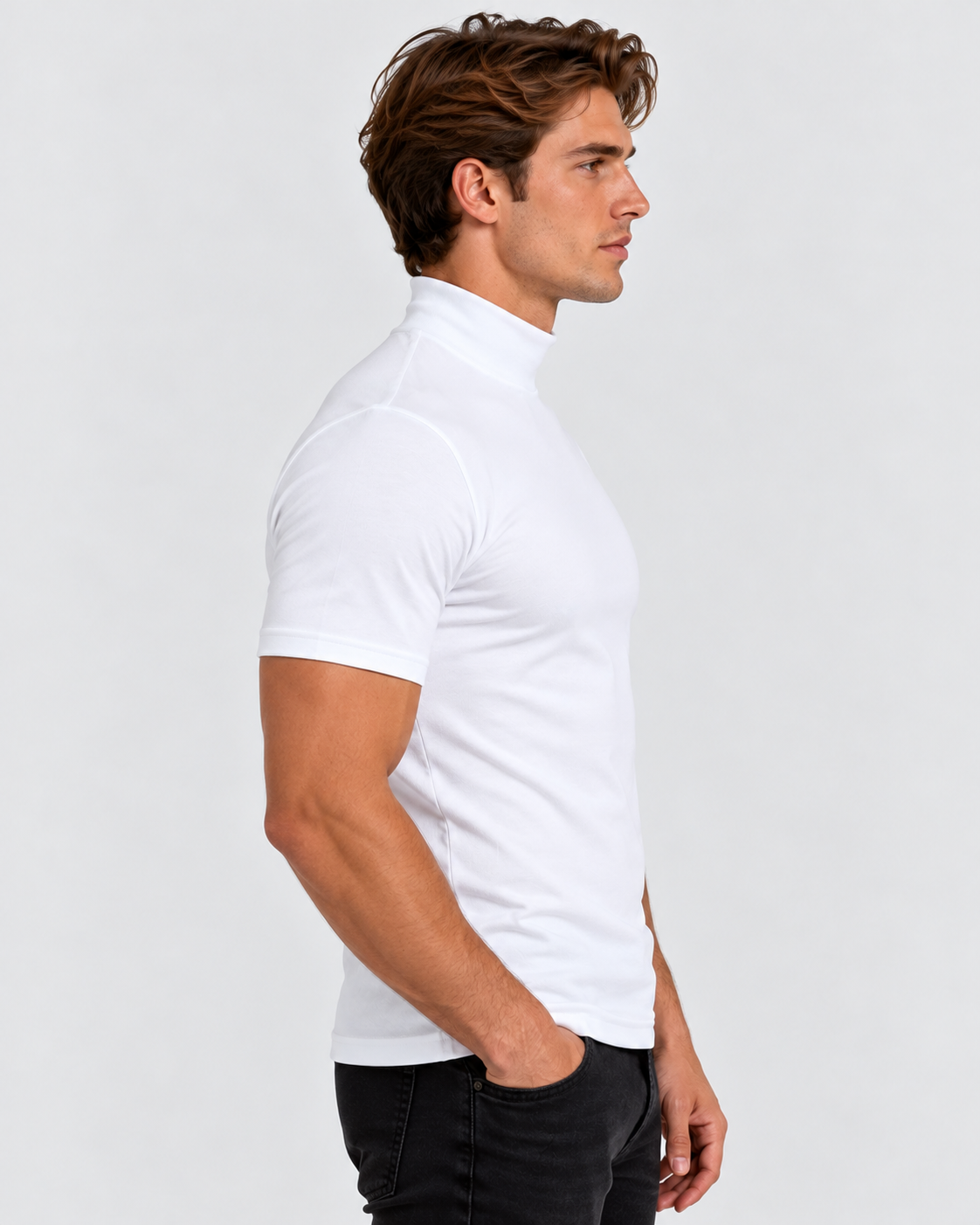 T-Shirt med Høj Hals til Herrer - Tætsiddende, Korte Ærmer