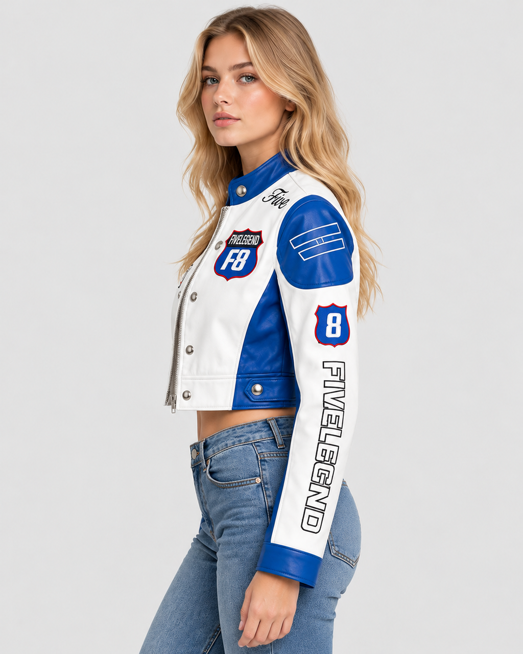 Cropped Lynlåsjakke - Kontrastærmer, Broderede Patches
