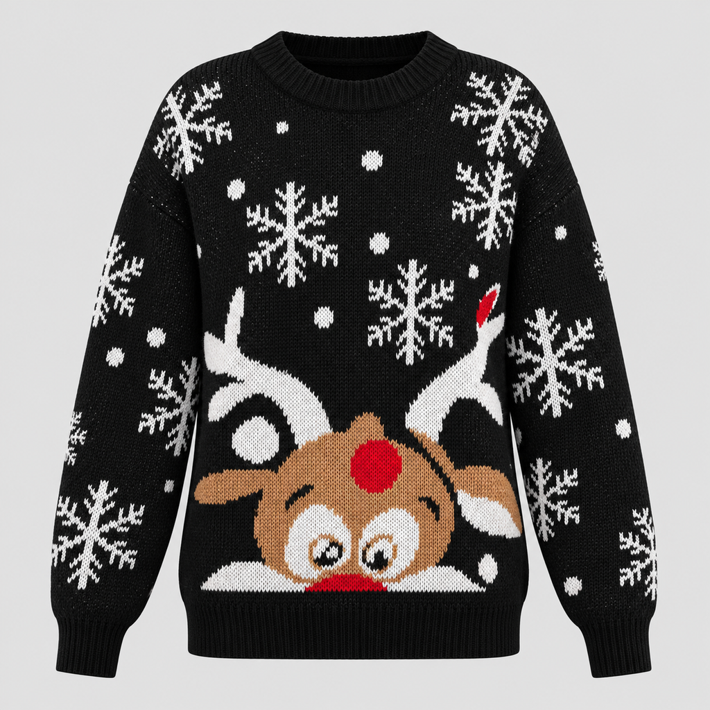 Julesweater med Rensdyr til Damer - Snefnugsprint, Sort Strik