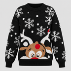 Julesweater med Rensdyr til Damer - Snefnugsprint, Sort Strik