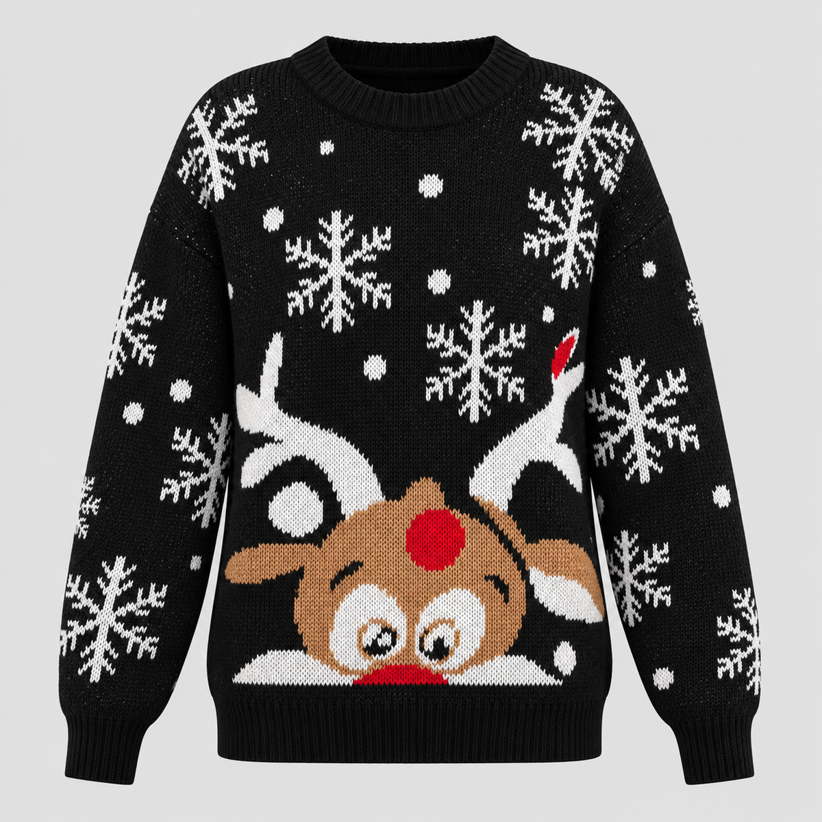 Julesweater med Rensdyr til Damer - Snefnugsprint, Sort Strik