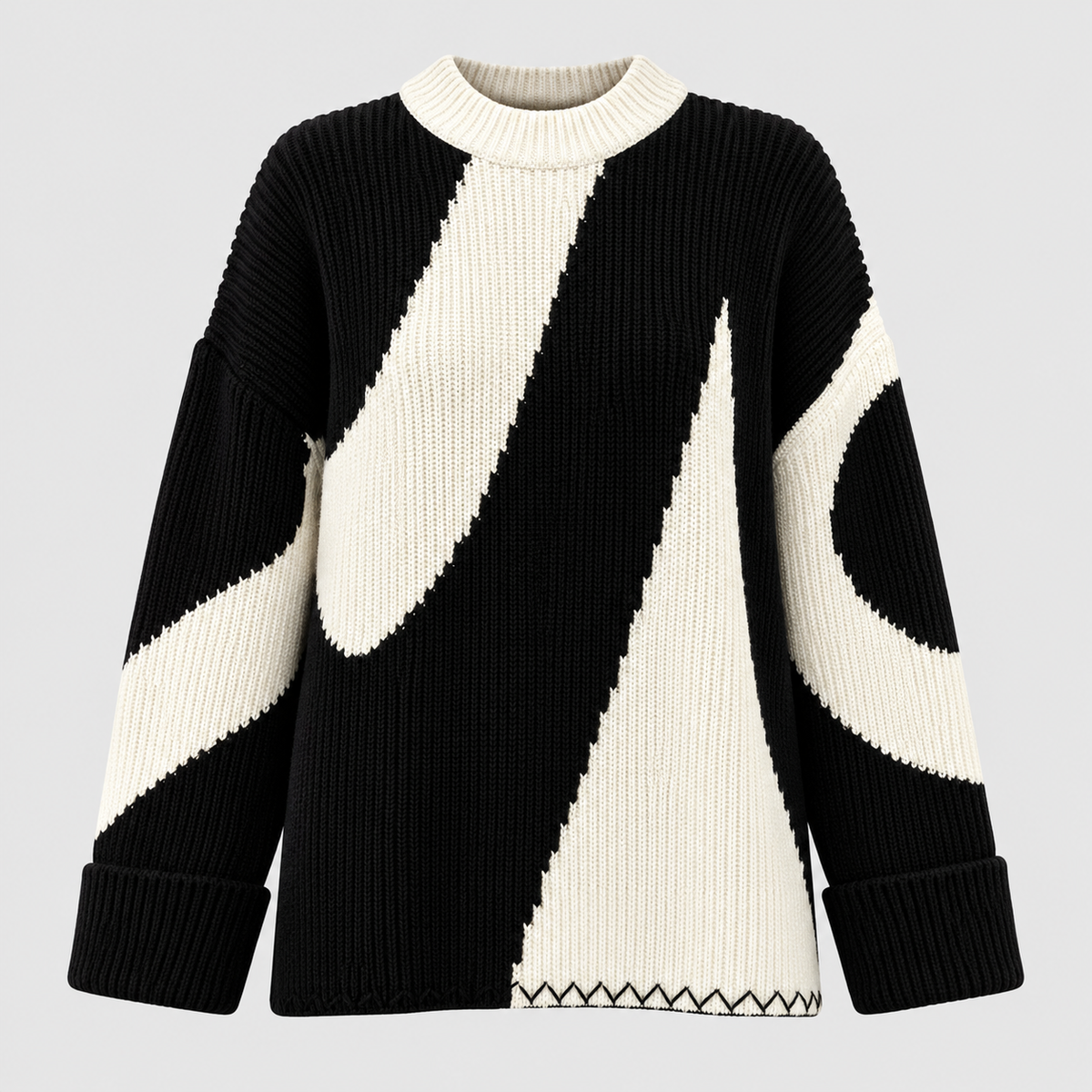 Oversized Colorblock Sweater til Damer - Abstrakt Mønster Strik