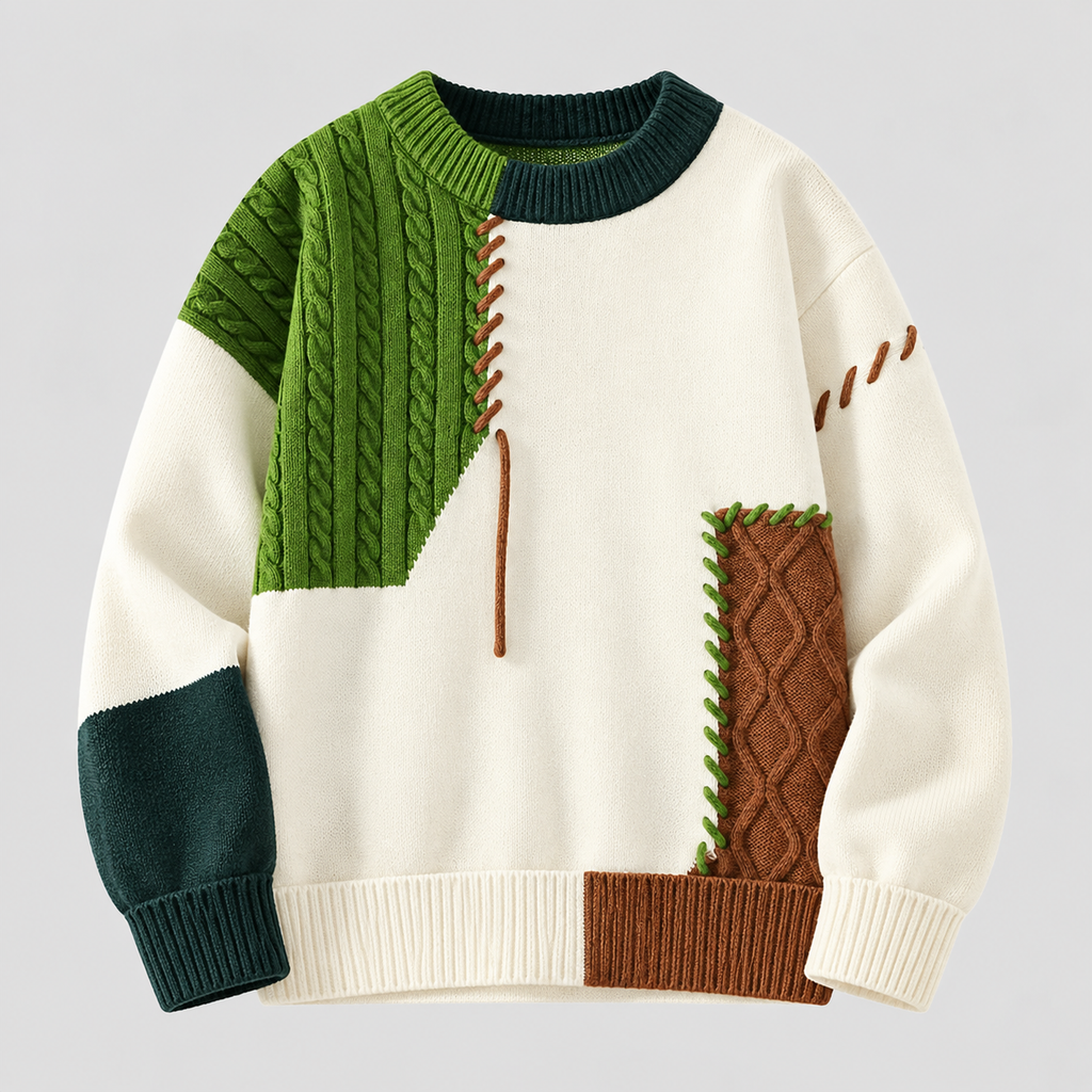 Patchwork Sweater til Herrer - Colorblock Strik med Kabelstruktur