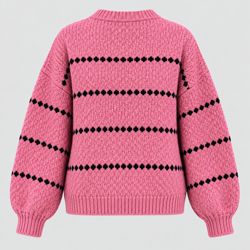 Oversized Popcorn-Strikket Sweater til Damer - Rund Hals, Ribkant