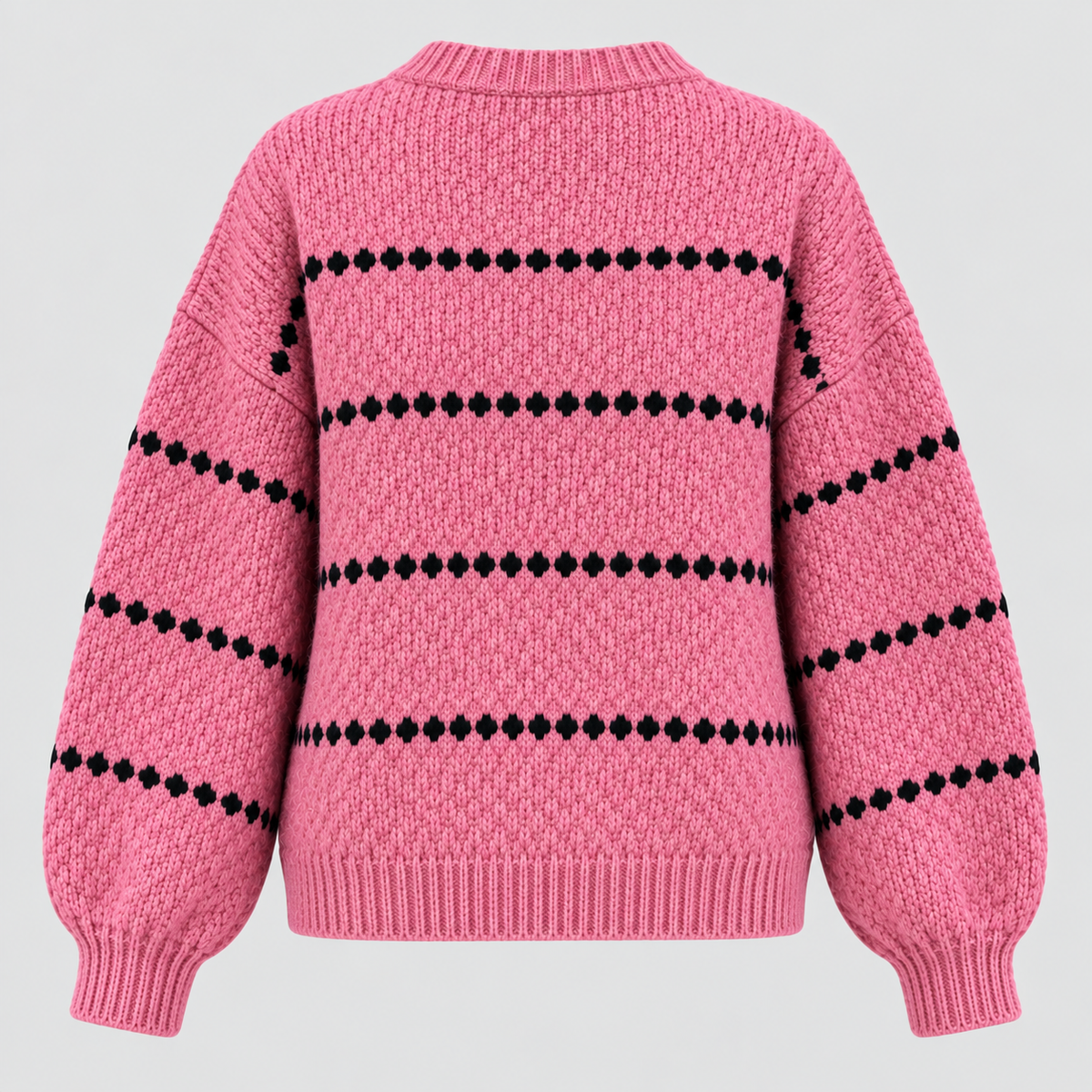 Oversized Popcorn-Strikket Sweater til Damer - Rund Hals, Ribkant